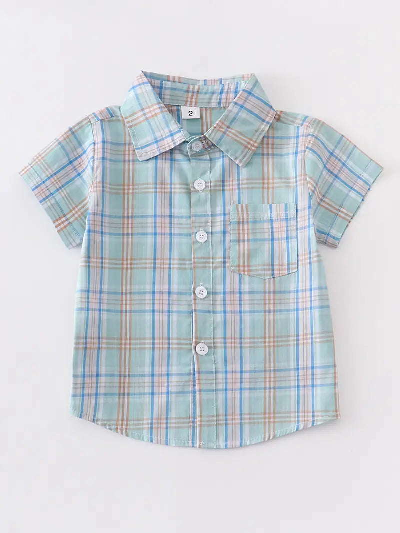 Boys turquoise plaid button down shirt