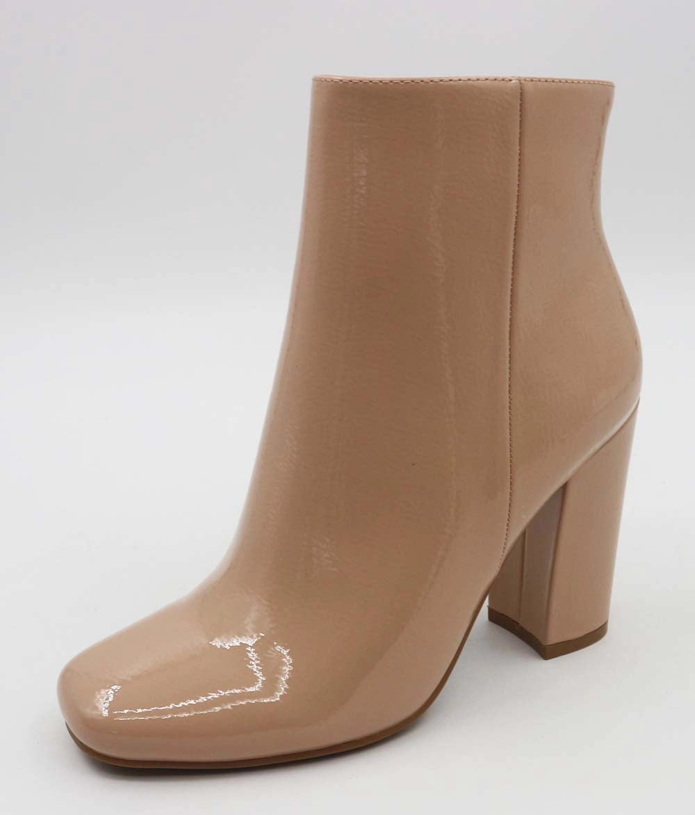 Nude patent ankle booties