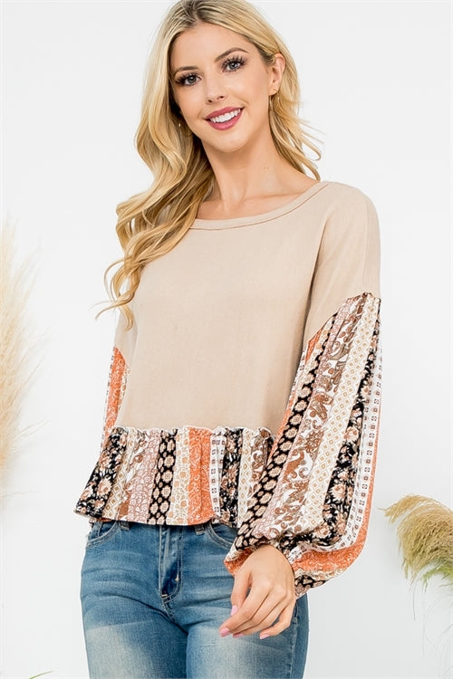 Taupe floral contrast long sleeve top