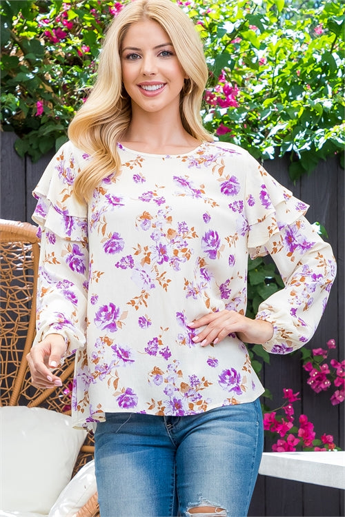 Floral puff sleeve blouse-purple