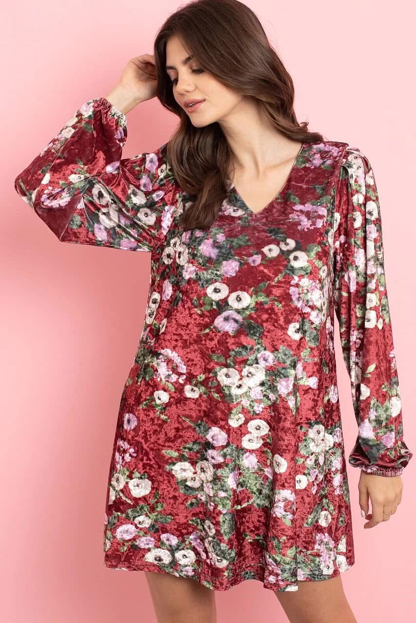 Wine floral velvet dress