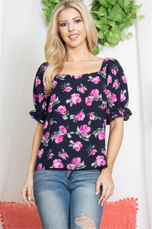 Navy rose print blouse