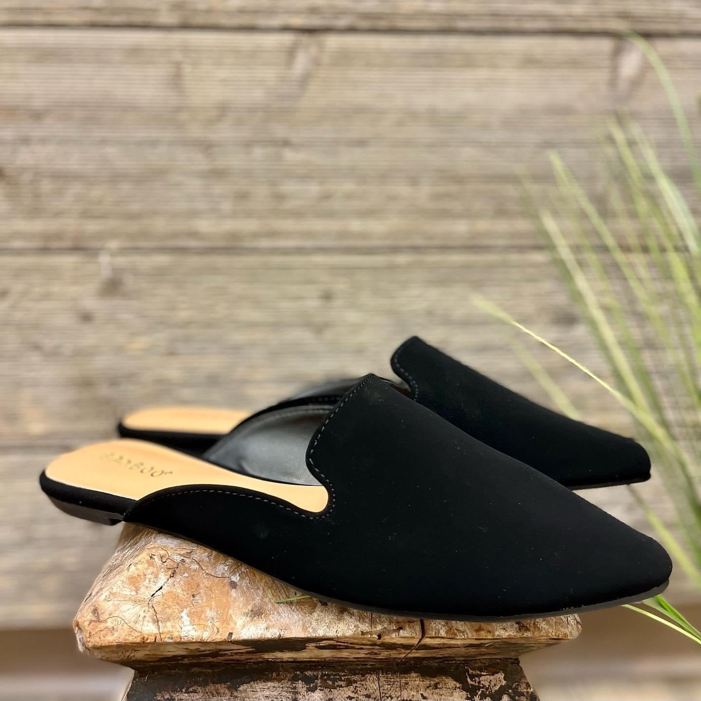 Black flat mules