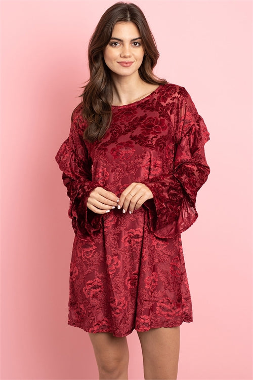 Wine floral ruffled sleeve dress