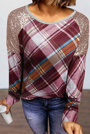 Sequin plaid long sleeve top