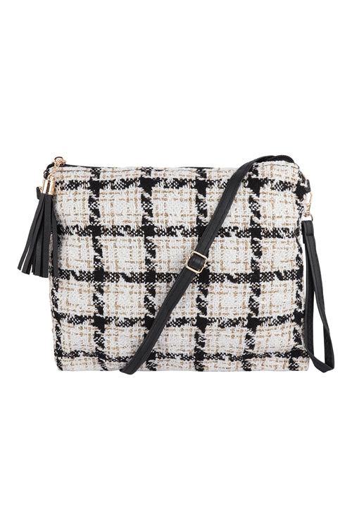 Black/white/tan crossbody clutch