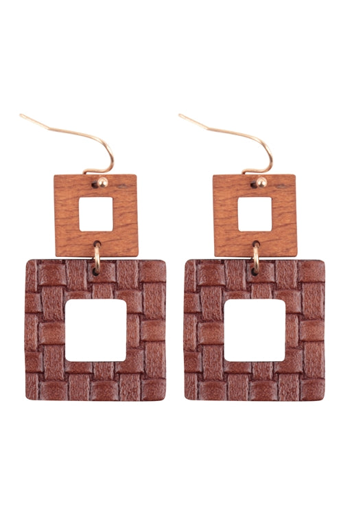 Wood/leather square earrings-brown