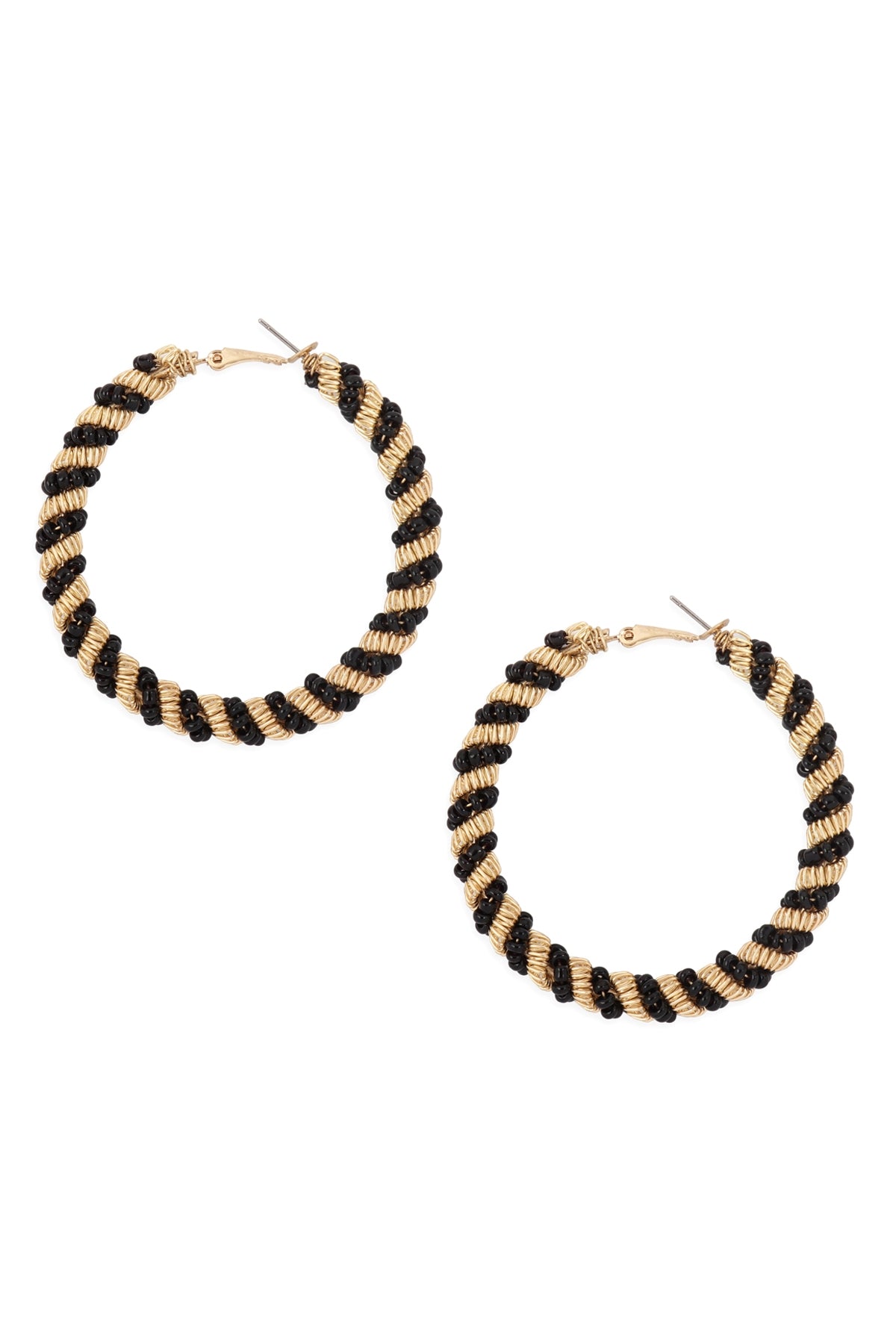 Bead twisted hoop earrings-black/gold