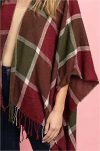 Olive/red checkered poncho-one size