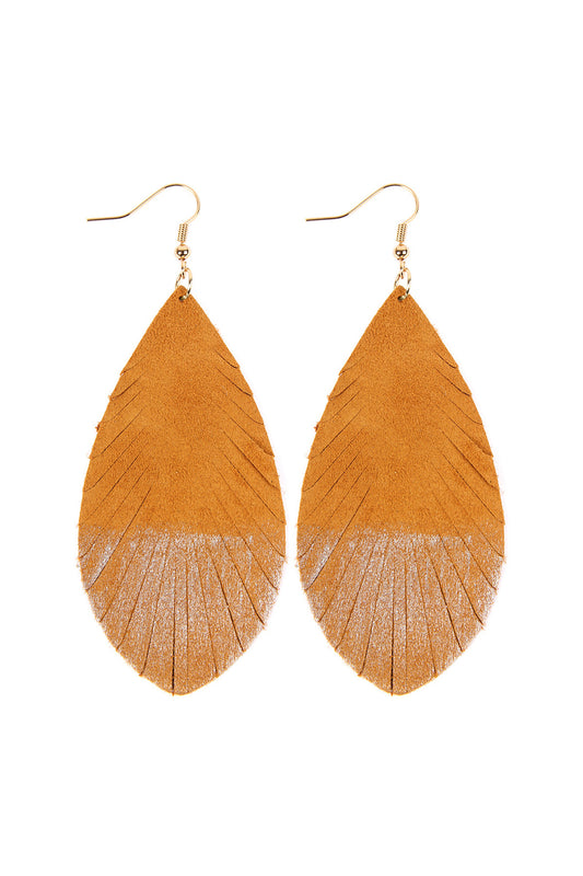 Mustard two tone leather leaf earrings