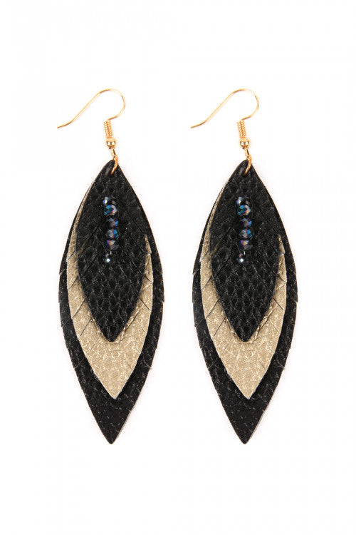 Black/gold leather fringed earrings