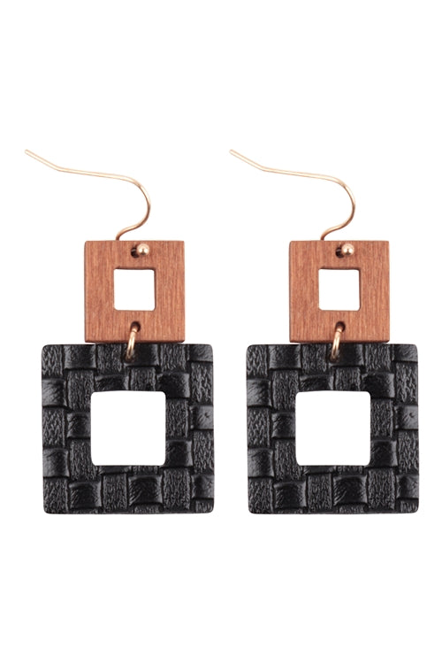 Wood/leather square fish hook earrings