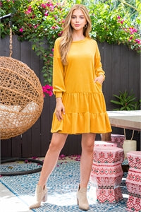 Mustard puff sleeve ruffle dress