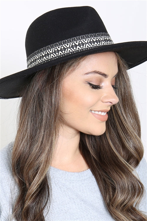 Tribal trim felt brim hat-black