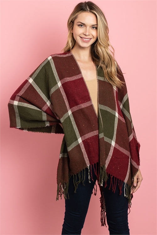 Olive/red checkered poncho-one size