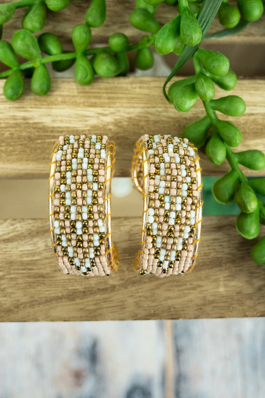 Taupe seed bead hoop earrings