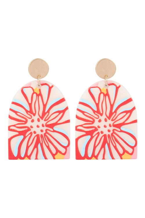 Flower print acrylic drop earrings-red