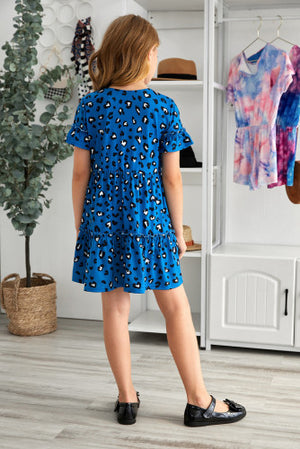 Kids blue leopard ruffle dress