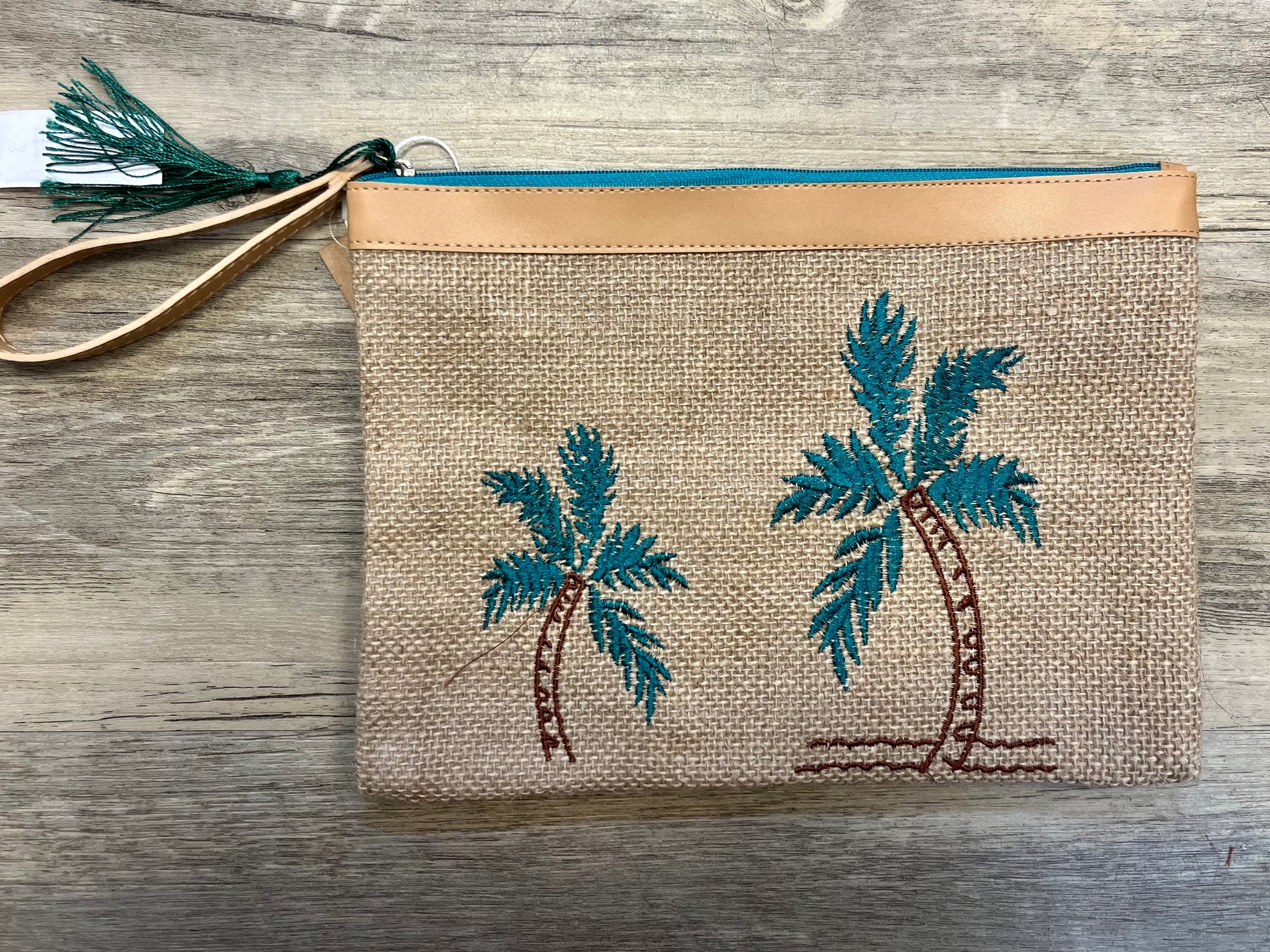 Embroidered Palm Tree Wristlet Jute Pouch
