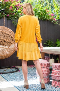 Mustard puff sleeve ruffle dress